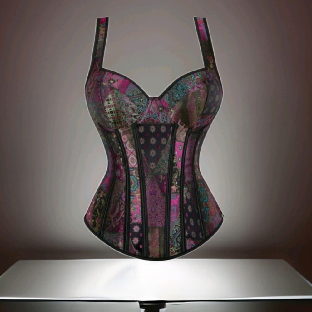NWT Patchwork Multicolor Floral Jacquard Lace Up Corset SZ L - Picture 9 of 15